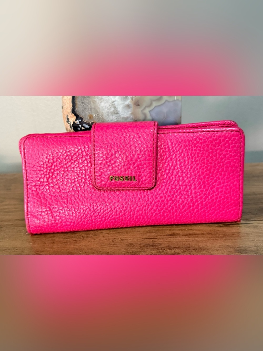 Fossil Pink Women's Wallet with Zipper, Logo Accent, Folding, Solid Pattern